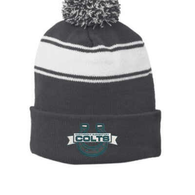 Sport-Tek® Stripe Pom Pom Beanie Iron Grey/ White